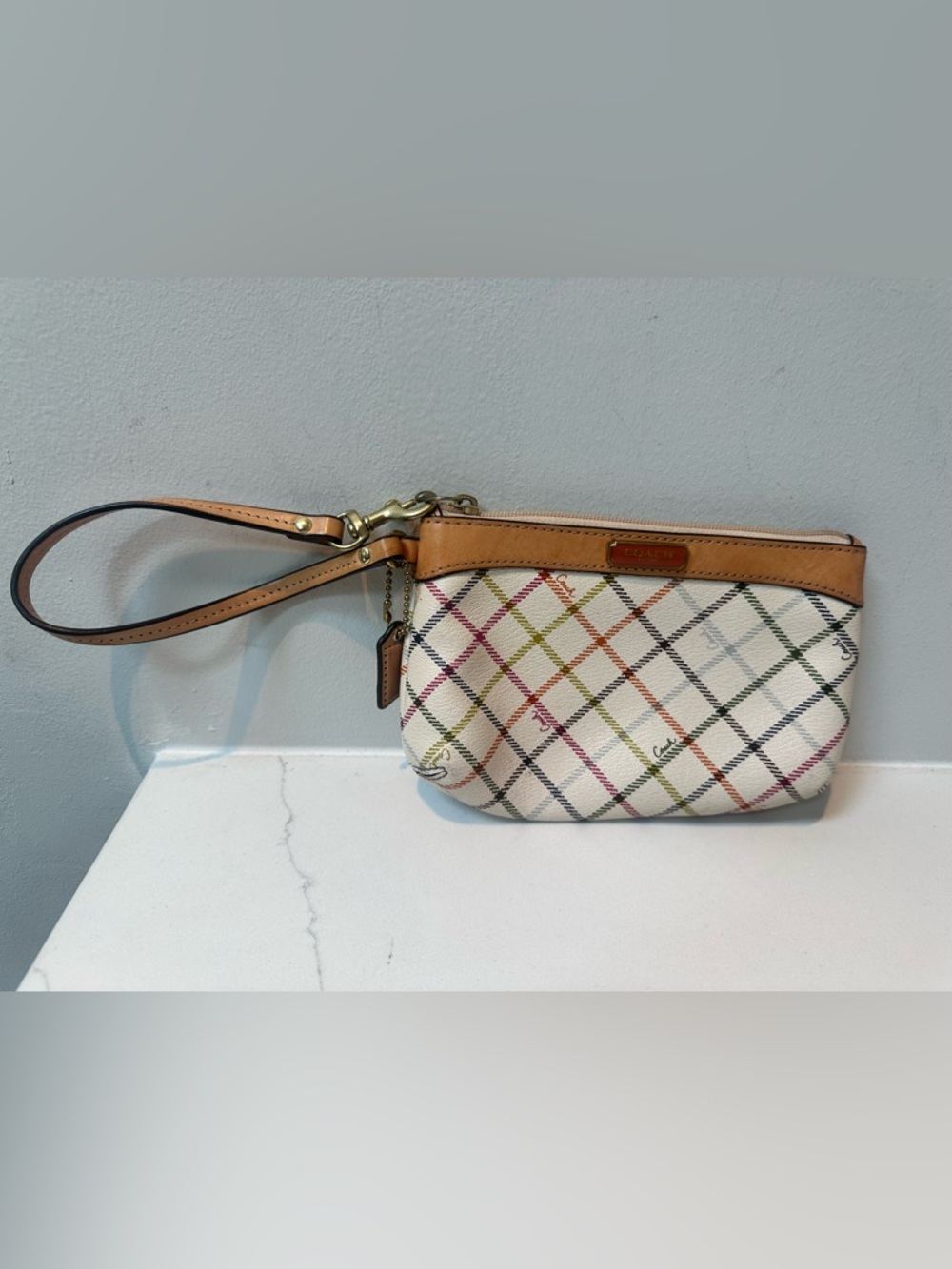 Coach Peyton Tattersall Multicolor Plaid Wristlet with Tan Leather Trim